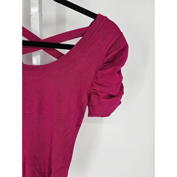 Say What? Pink Cotton Blend Puff Sleeve Criss-Cross Back Knitted Top Size M - Picture 2 of 4